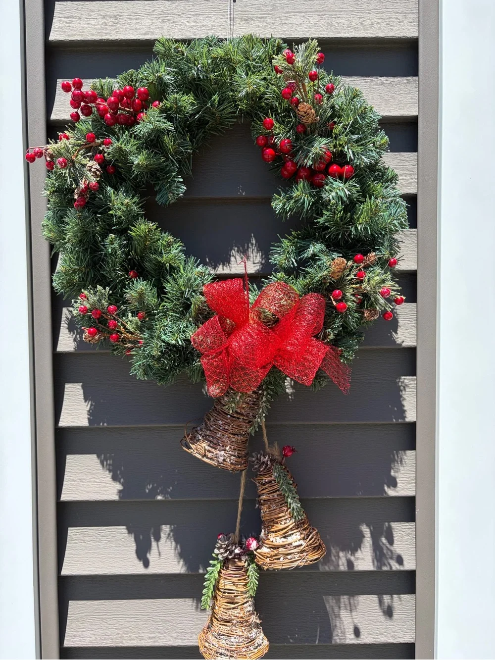 Festive Pine Holiday Wreath with Red Berries & Bells